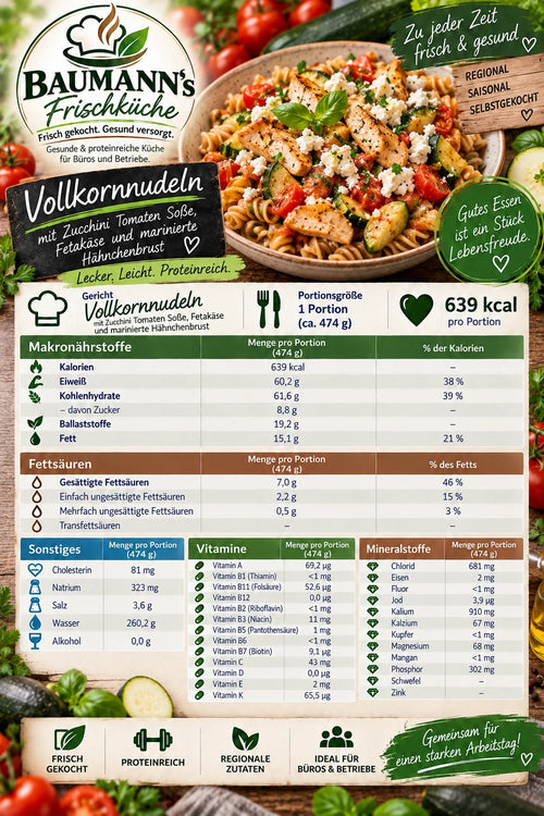 Vollkornnudeln mit Zucchini-Tomaten-Soße, Fetakäse und marinierter Hähnchenbrust