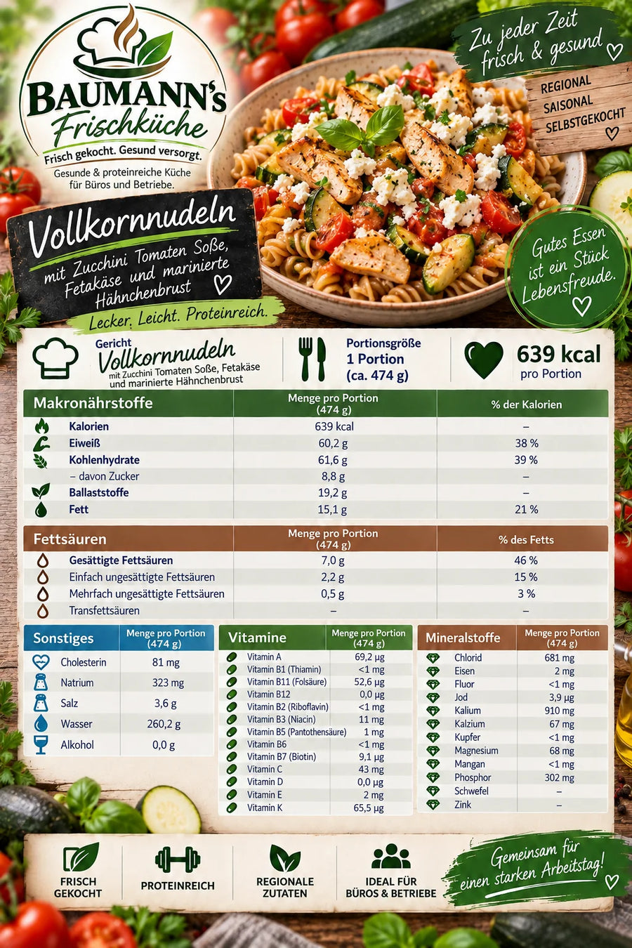 Vollkornnudeln mit Zucchini-Tomaten-Soße, Fetakäse und marinierter Hähnchenbrust